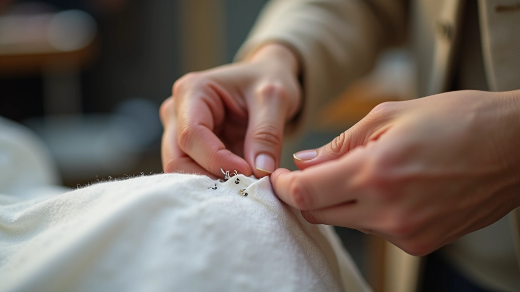 Kumaş kalitesini kontrol eden el, tekstil inceleme, detaylı ürün muayenesi